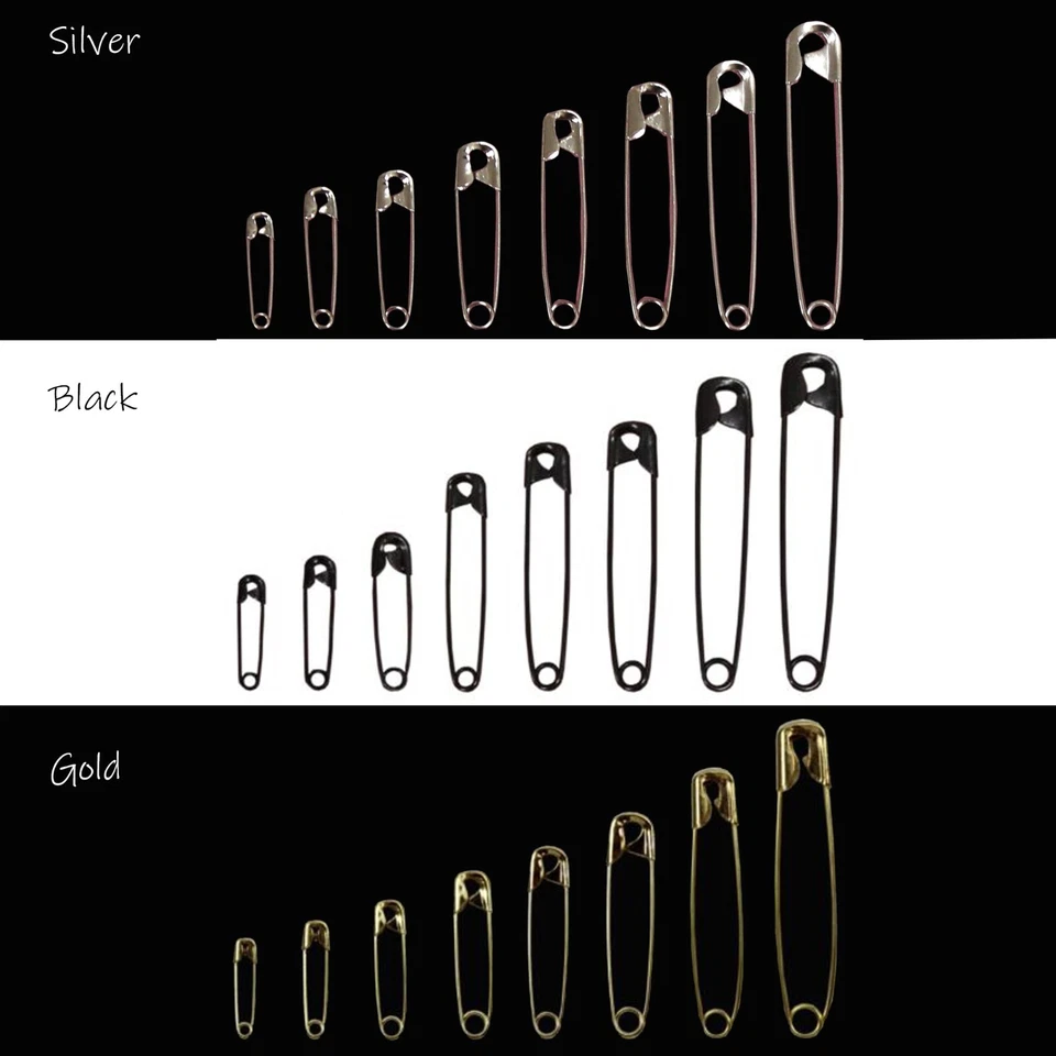 Premium Quality Hardened Steel Safety Pins 8 Sizes in Silver Gold or Black