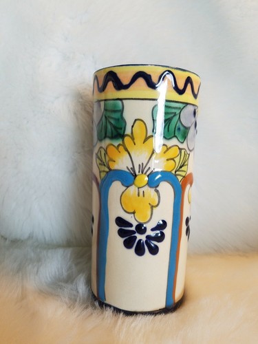 Mexican Tumbler Drinking Glass Yellow Blue Green Floral Lead Free Pottery D - Picture 2 of 5