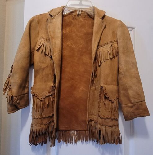 Vintage Childs Leather Jacket Tan W/fringe Size 6… - image 1