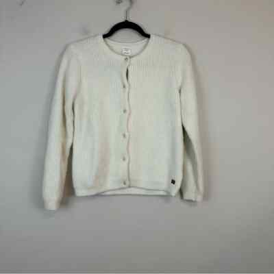 Carrement Beau White Fuzzy Gold Button Knit Cardigan Sweater Size 12