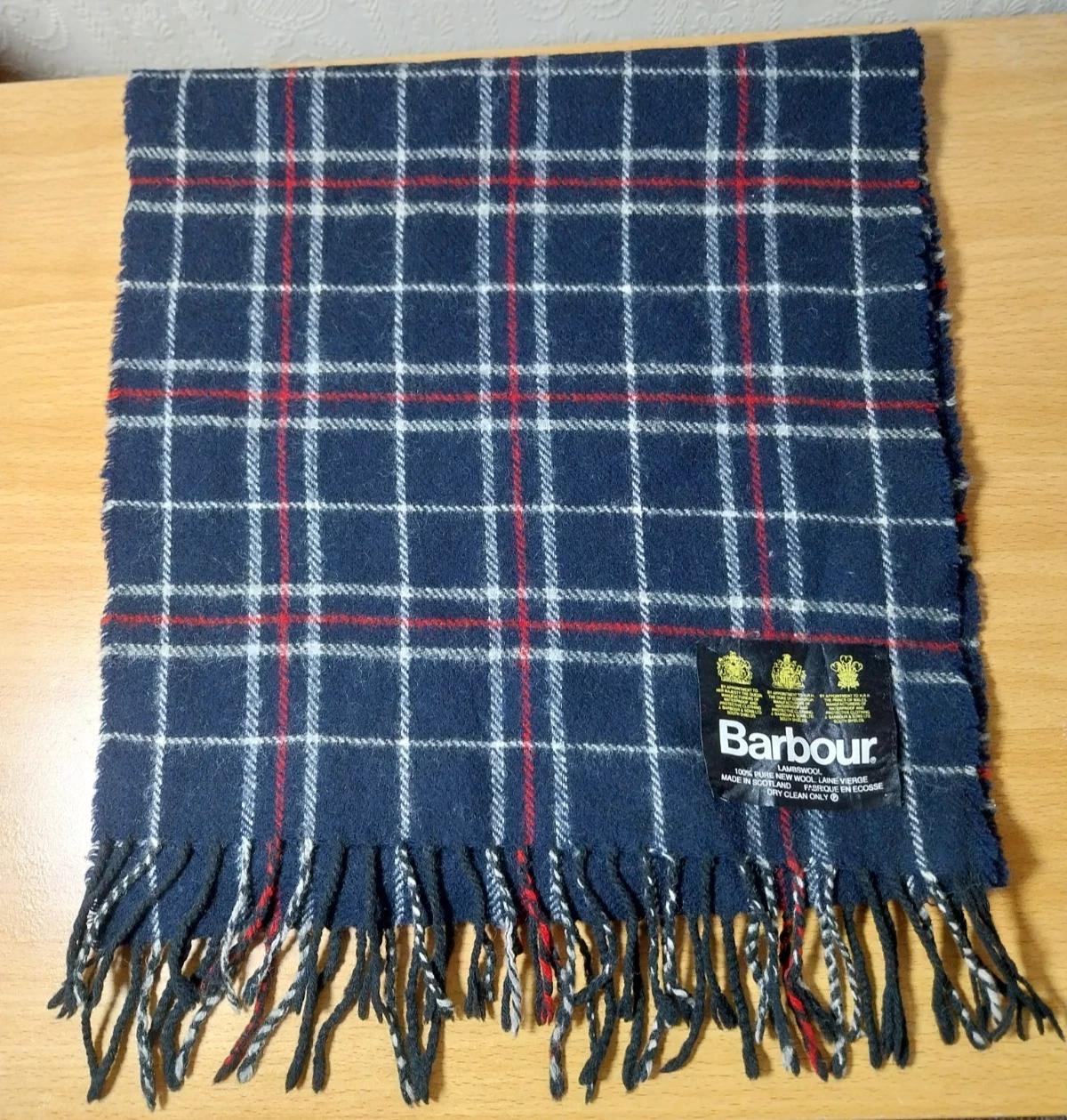 Barbour Scarf Tartan 100% Lambswool Navy & Red Colourway 54 X 12 Inch Scotland