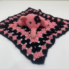 Vtg Handmade Crochet Elephant Toy Baby Lovey Security Blanket 13  Pink Black