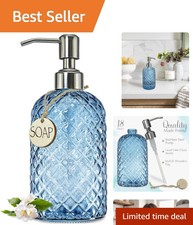 Stylish 18Oz Clear Glass Soap Dispenser with Navy Gem Pattern, Dishwasher Safe