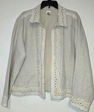Chico's 3 XL-16 Beige Gold Thread Embroidered Beaded Linen Classic Lined Jacket