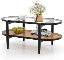 Coffee Table Glass Wooden Frame Rattan Shelf 2 Tier Living Room Centre