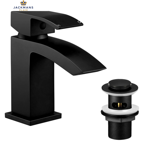 Wasserrhythm Basin Taps with Pop up Waste Black Waterfall Square