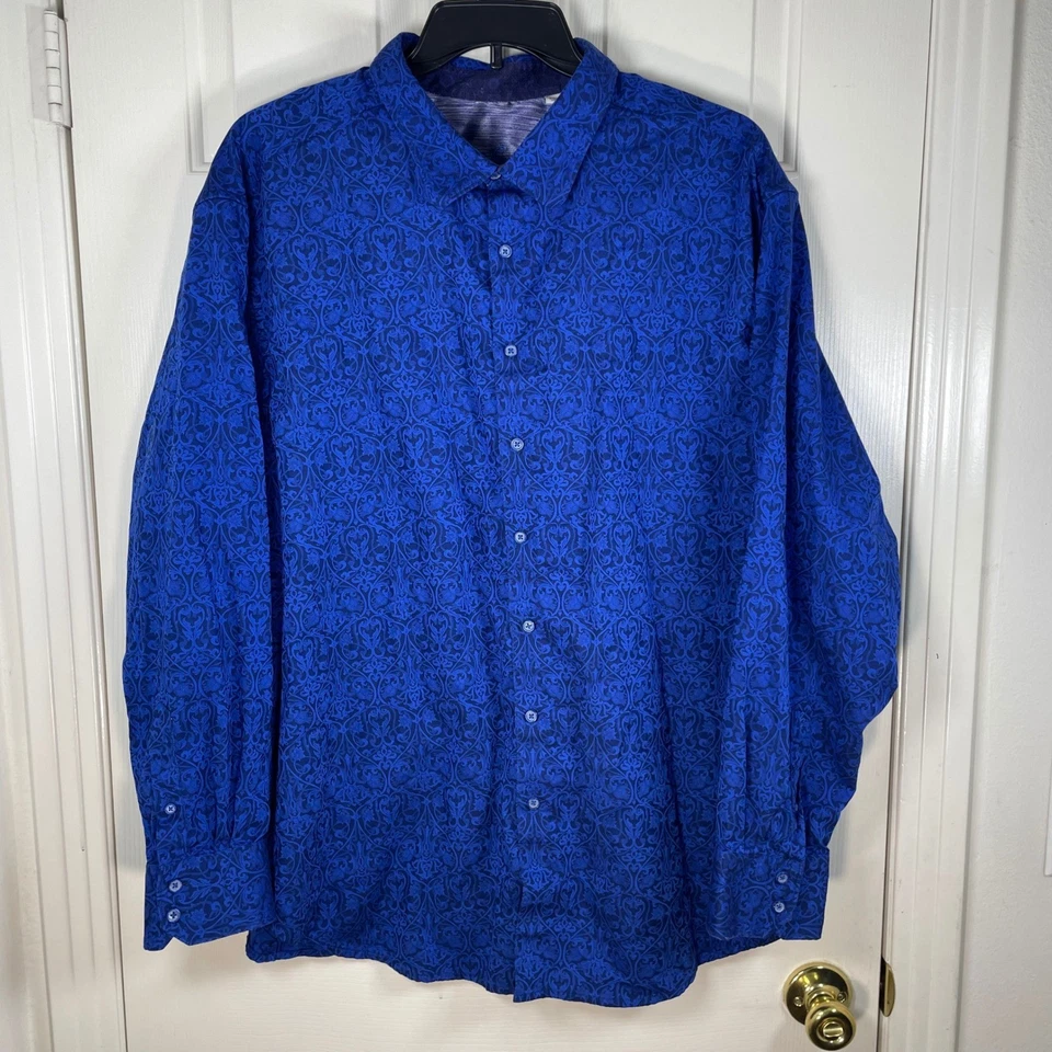 Camisa masculina Robert Graham 3XL manga longa botões padrões azuis damasco em excelente estado usado - Imagem 2 de 4