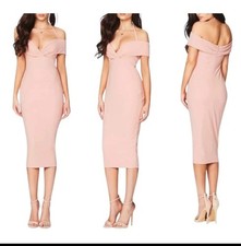 Nookie Blush Solid Off Shoulder Halter Strap Bodycon Midi Dress Women’s XS