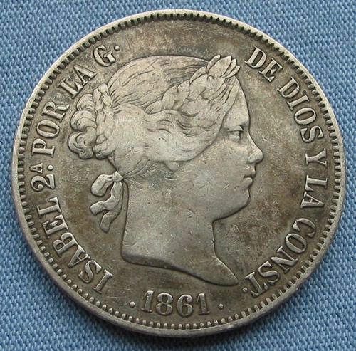 1861 Spain 20 Reales silver coin (Queen Isabella II)