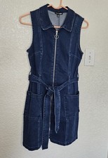 Fashion Nova Full Zip Bodycon Blue Indigo Jean Sleeveless Medium Dress Dark Wash