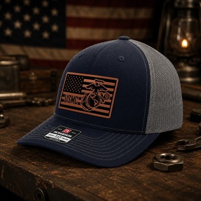 Richardson 112 USMC Marines Leather Patch Snapback Trucker Hat Navy Charcoal