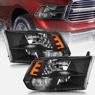 Headlights For 2009-2018 Dodge Ram 1500 2500 3500 Quad Lamp L+R Pair Black Clear