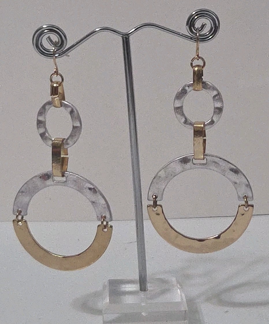 Brushed Metal Three Loop Dangle Earrings Silver T… - image 2