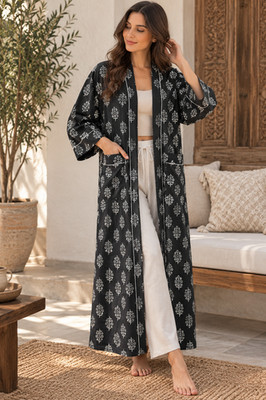 Women s Black Cotton Kimono Robe Floral Garden Print Boho Lounge Wear Bathrobe