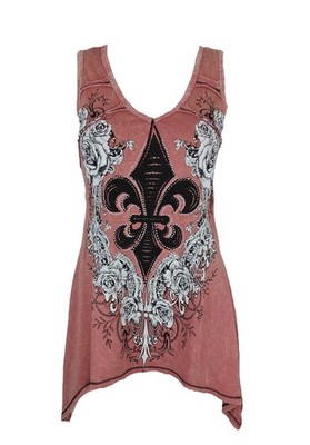 Vocal Women Shark Bite Tunic Tank Crystal Rose Fleur De Lis in Coral size Small