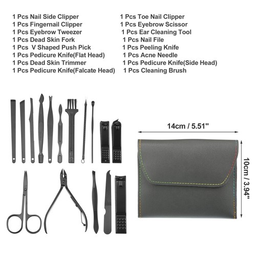 16pz Manicure Set con Grigio PU Pelle Custodia Personale Cura Strumento Kit Nero - Foto 3 di 7