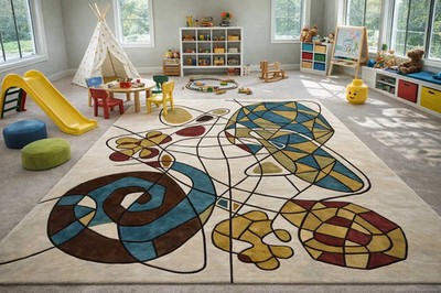 Hand Tufted Abstract Area Rug Modern Geometric Wool Carpet Multi Color