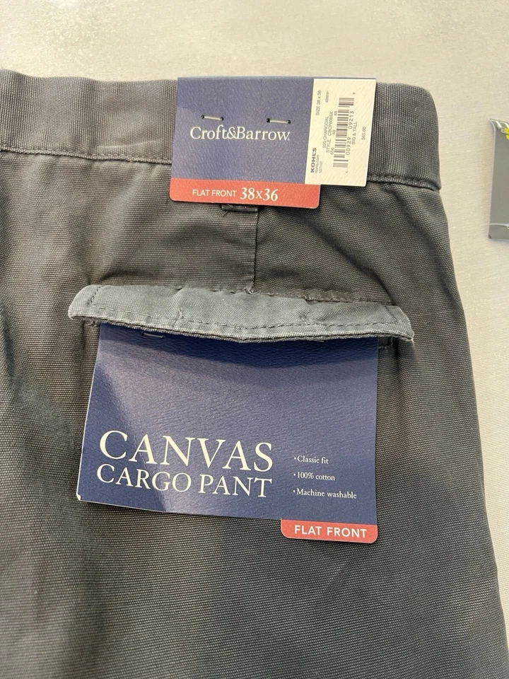 Croft & Barrow Men's Classic Fit Gray Canvas Cargo Pants 38x36 Big Tall NEW - Image 4 of 4