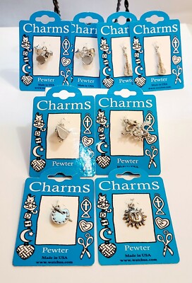 Lot of 8 Pewter Charms - dragon sun painters pallet piano drums guitars