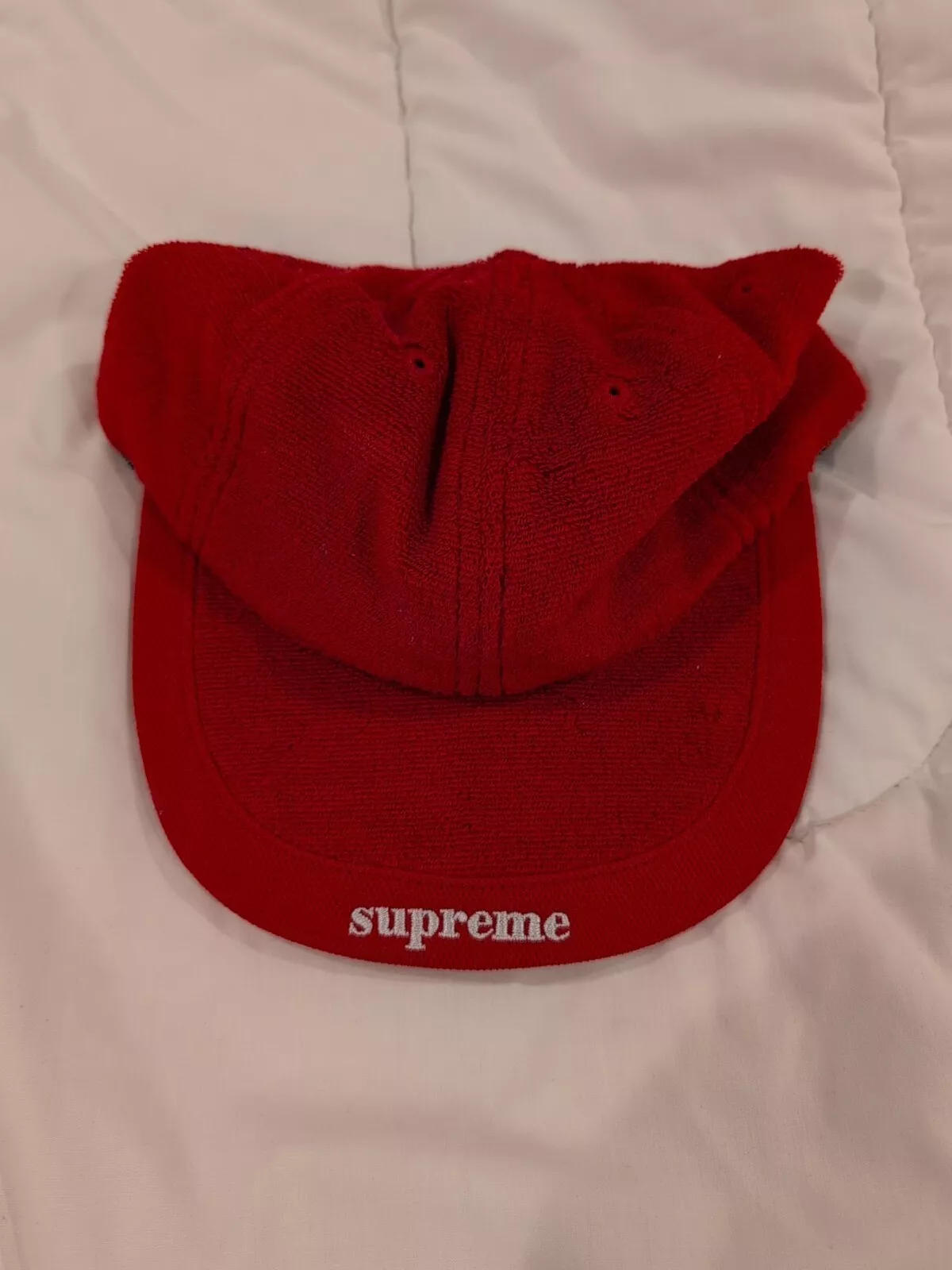 Supreme Terry Cloth Visor Logo 6 Panel Cap Hat Black Red S/S 18 One Size Buckle