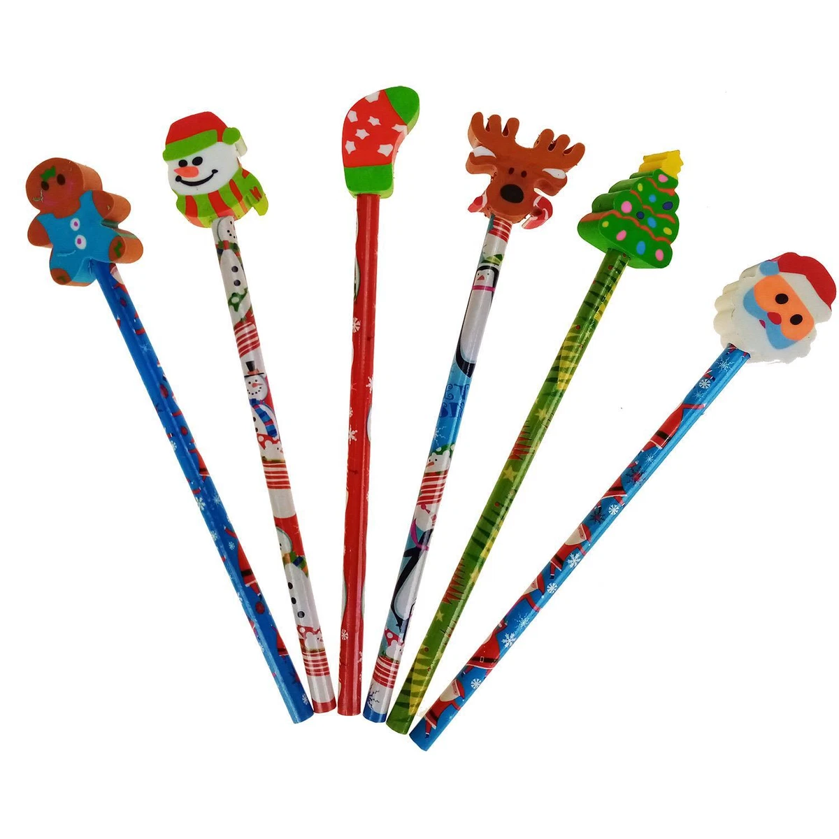 Christmas Pencils With Eraser Rubber Kids School Drawing Set Office Craft