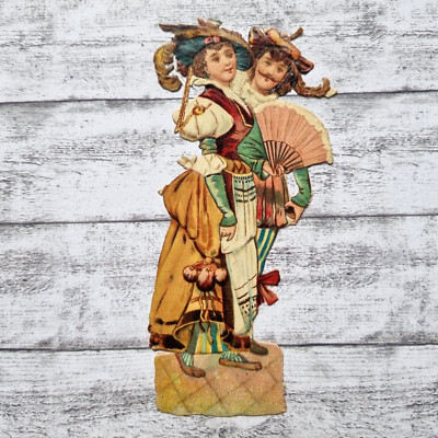 um 1900 Frau Fächer Mann Hut Victorian Glanzbild alt Prägedruck Chocolat Besnier