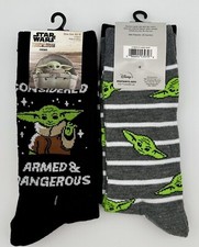 2 Pair Star Wars Mandalorian Baby Yoda Crew Socks "Considered Armed  Dangerous"