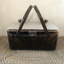 Vintage Tortoise Amber Basket Purse Box 1950s Picnic Handle Bakelite Lucite 50's