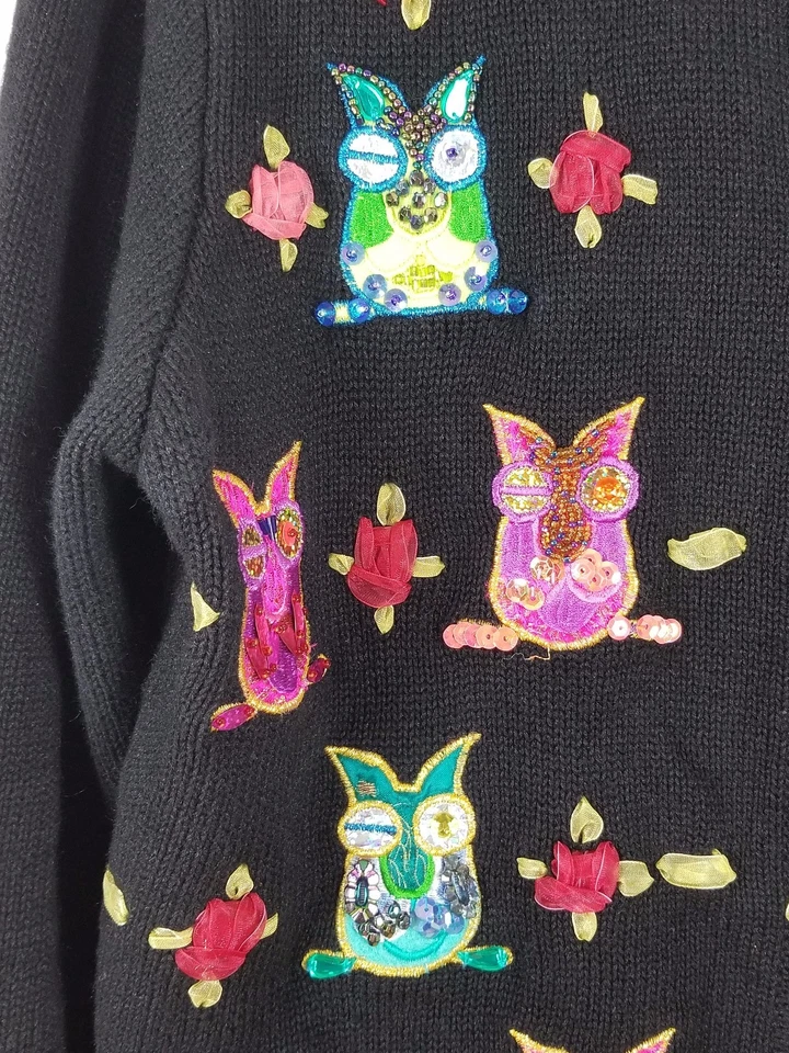 Suéter JACK B QUICK De Colección Manga Larga Negro Multicolor Diseño Búho Cuentas Talla S Foto 4 de 4