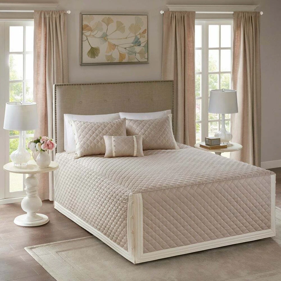 QUALITY BEAUTIFUL MODERN CHIC LARGE IVORY TAUPE CLASSIC FITTED SOFT BEDSPREAD QUILT SET