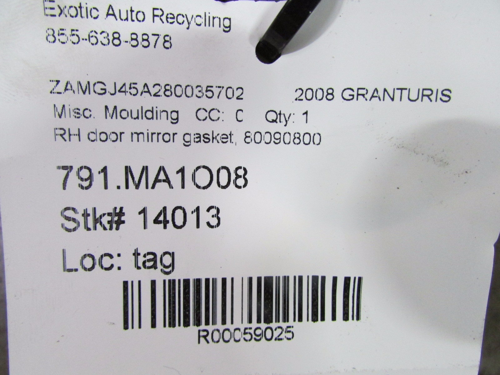 Maserati Granturismo, RH Right Door Mirror Gasket, Used, P/N 80090800
