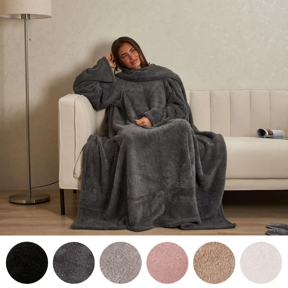 OHS Teddy Fleece Blanket with Sleeves Wearable Wrap Giant Oversized Soft Throw