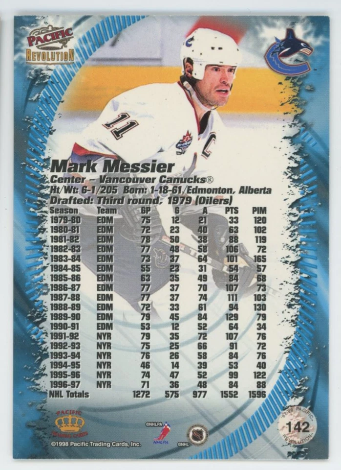 1997-98 Pacific Revolution Ice Blue Mark Messier Vancouver Canucks #142 . - Image 2 of 2
