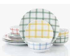 12PC Dinnerset for 4 porcelain Pastel Colours Gingham Microwave Dishwasher Safe