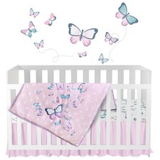 Butterfly Baby Crib Bedding Set Girl 28"x52", 8" Deep Pocket - 5 pcs Baby Bed...