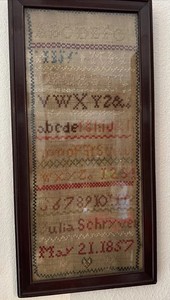 Antique Alphabet Sampler Mahogany Framed Julia Schryver May 21 1857 Textile