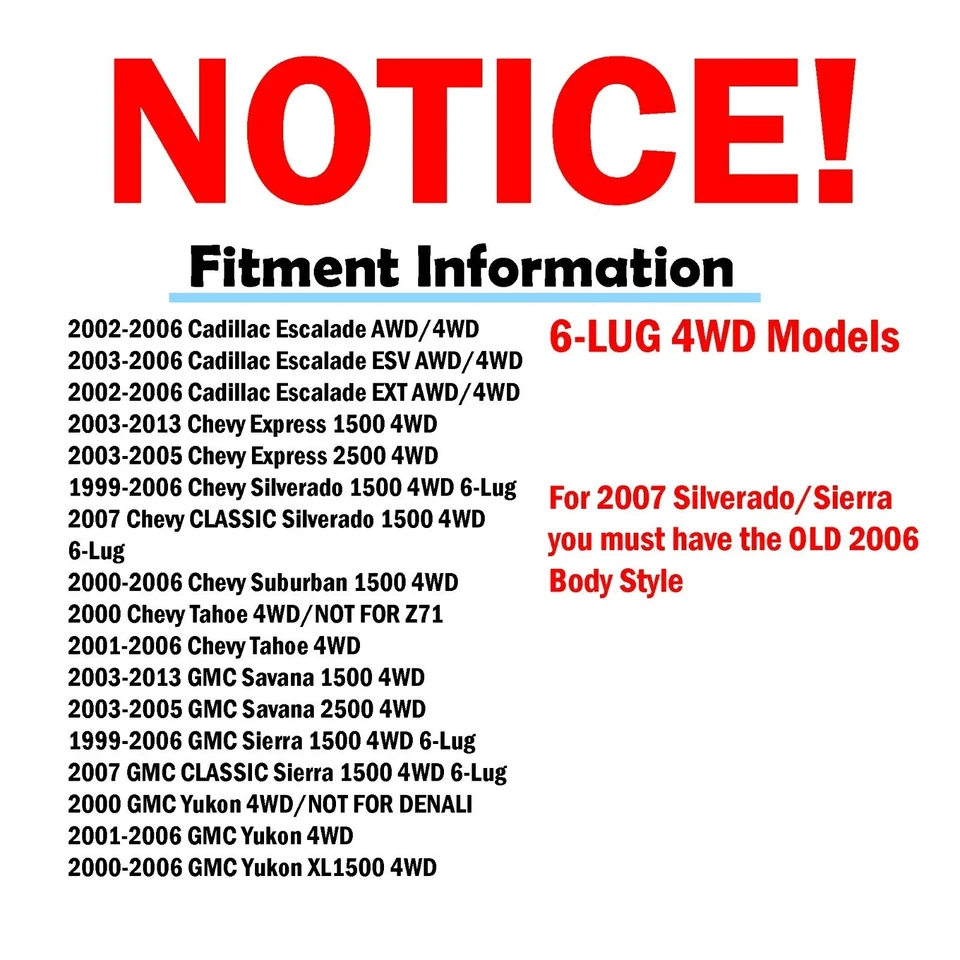 6Lug 4WD Front Wheel Bearings Hub for Chevy Silverado 1500 GMC Sierra 1500 Yukon - Image 2 of 4