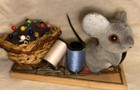 Vintage Pin Cushion Figurine Mouse on Trap with Basket for Pins Flocked Mouse — photo 1
