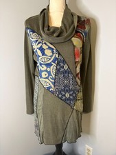 Parsley & Sage Green Patchwork Cowl Neck Tunic Dress Large Boho Hippie