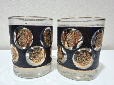 VTG MCM Libby Black Gold Coin Whisky Glasses 1960 s  Low Ball 3.75  Set Of 2