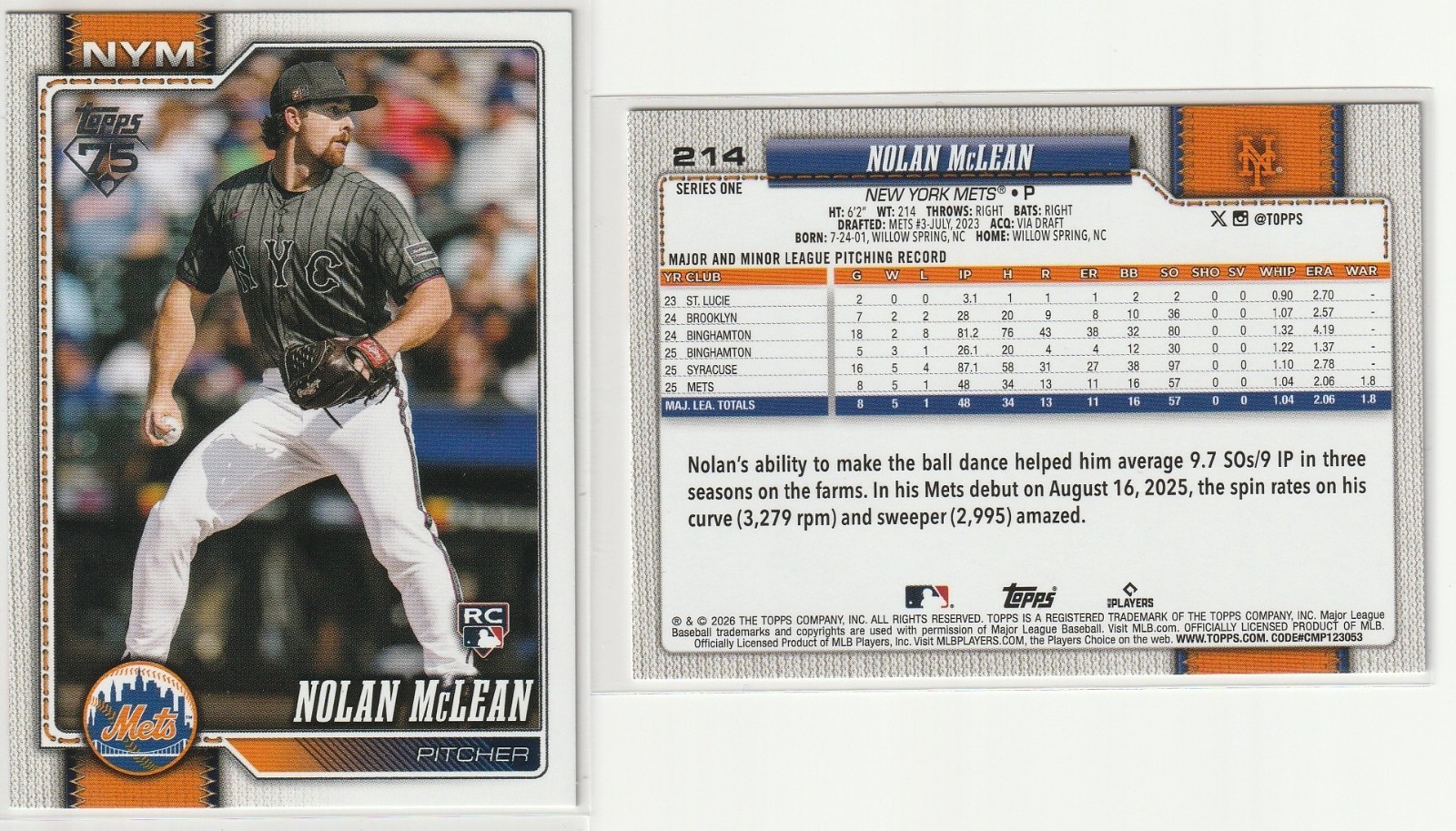 2026 Topps Series 1  NOLAN McLEAN	New York Mets	ROOKIE	#214