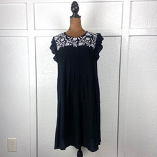 Studio West Black Embroidered Boho Dress Women's M Flutter Sleeve Rayon Cotton
