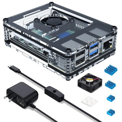 Raspberry Pi 4 Case with Fan Cooling Pi 4B Case with 5V 3A Power Supply, 4 pc...