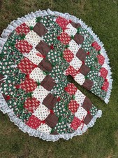 VTG Handmade Quilted Patchwork LARGE Christmas Tree Skirt Lace Geese Teddy Santa