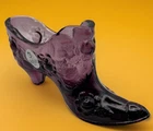 Vintage Fenton Glass Purple Amethyst Shoe Slipper Cabbage Rose Pattern Plum