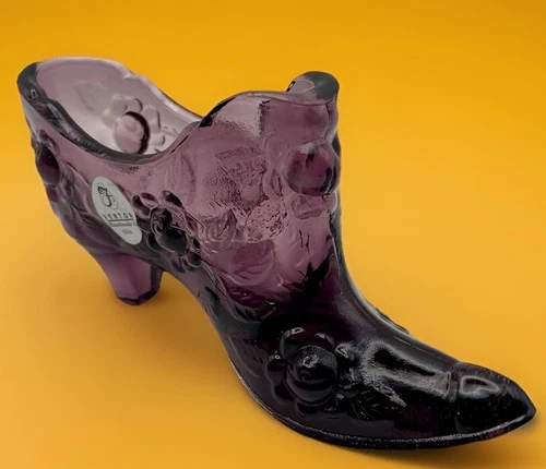 Vintage Fenton Glass Purple Amethyst Shoe Slipper Cabbage Rose Pattern Plum