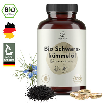 BIONUTRA  Schwarzkümmelöl Kapseln Bio (180 x 500 mg), vegan, kaltgepresst, in DE