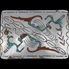 Native American N Silver Turquoise Coral Inlay Southwest Cowgirl Vtg Belt Buckle