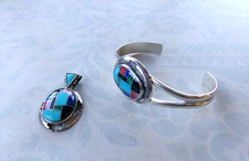 Vintage CAROLYN POLLACK Sterling Inlaid Multi Stone Pendant & Bracelet Set