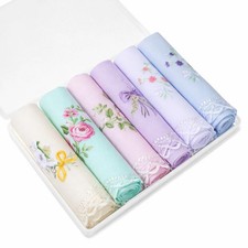 6 Pcs Womens Handkerchiefs Cotton Ladies Handkerchiefs Vintage Floral Embroid...